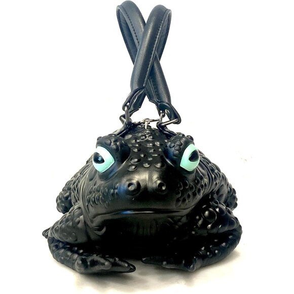 Gothic Black Toad Handbag with Green Glow Eyes - Stylish Vegan Crossbody Purse - Picture 2 of 7